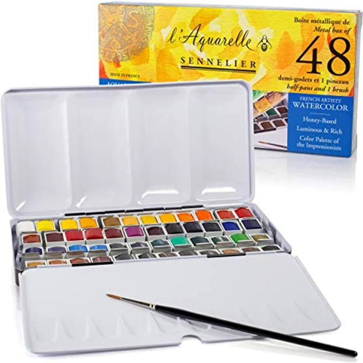 Sennelier Aquarelles Metalldose Set mit 48 halben Näpfen und 1 Pinsel, ideal für Aquarellmalerei – Bild 1