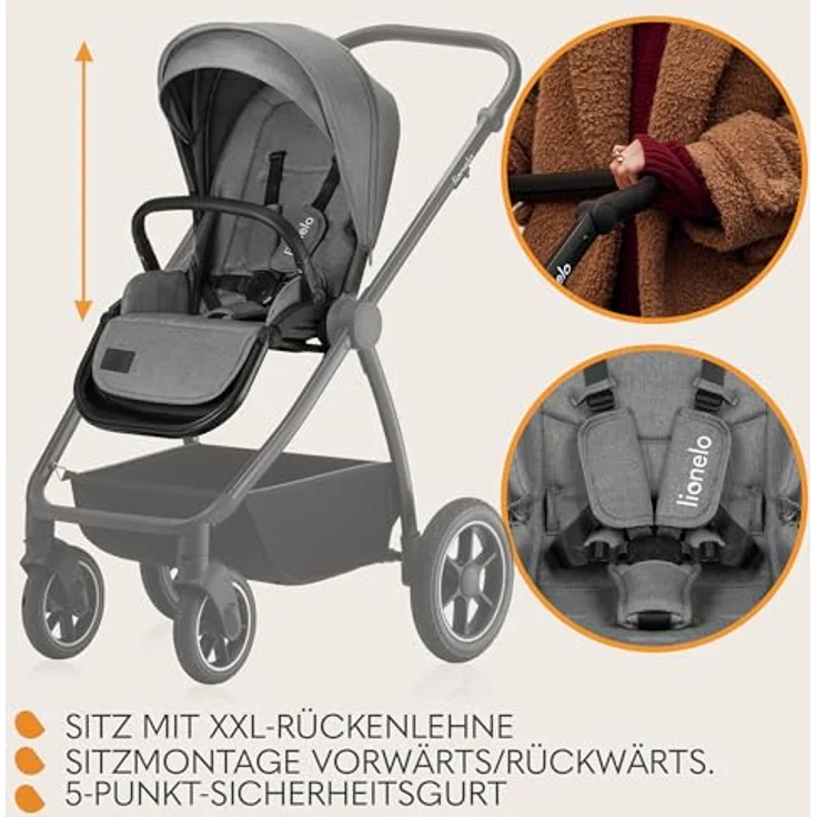 Lionelo Meril Kombikinderwagen 3-in-1, Babywanne bis 9 kg, Kindersitz bis 13 kg, für 0-48 Monate bis 22 kg, Geländeräder 360°, Vollfederung - Grau – Bild 6
