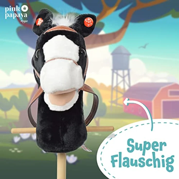 Pink Papaya Steckenpferd, Beauty, süßes Spielzeug Pferd aus Plüsch mit Sound Funktion: Gewieher und Galoppgeräusch - Farbe: schwarz mit weißer Mähne – Bild 5