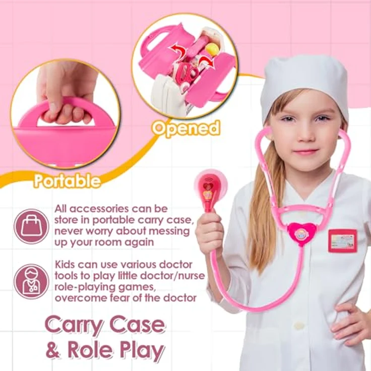 BUYGER Elektronischer Arztkoffer für Kinder ab 3 Jahre, Doktorkoffer mit Stethoskop, Spritze, Thermometer, rosa – Bild 4