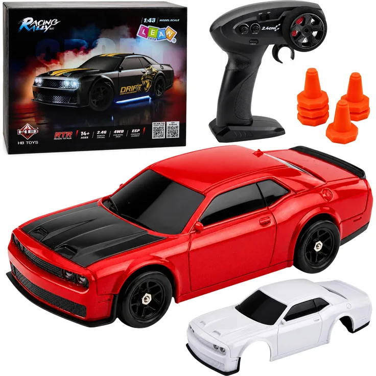 Wisam RC Drift Sportwagen 1:43, Muscle-Car im klassischen Rot mit austauschbarer Karosserie und 4WD Allradantrieb