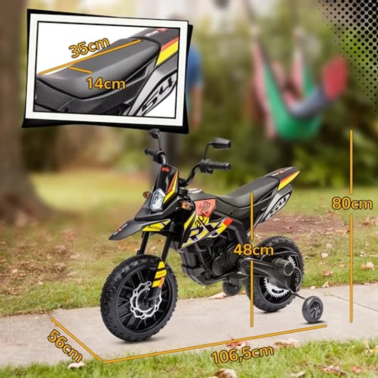 AIYAPLAY Kinder Elektro-Motorrad, 12V Aprilia Kindermotorrad mit Musik, 6 km/h, abnehmbare Trainingsräder, 12 Zoll Kunststoffreifen, Gelb – Bild 5