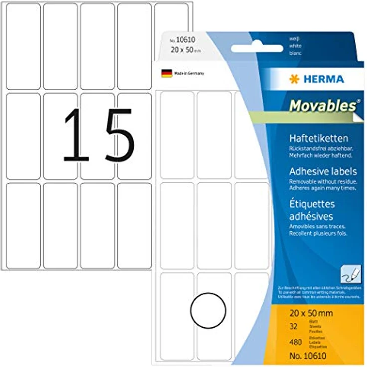 HERMA 10610 Vielzweck-Etiketten ablösbar, 480 Stück, 20 x 50 mm, 15 pro Bogen, selbstklebend, Haushaltsetiketten zum Beschriften, matt, blanko Papier Klebeetiketten Aufkleber, weiß – Bild 1