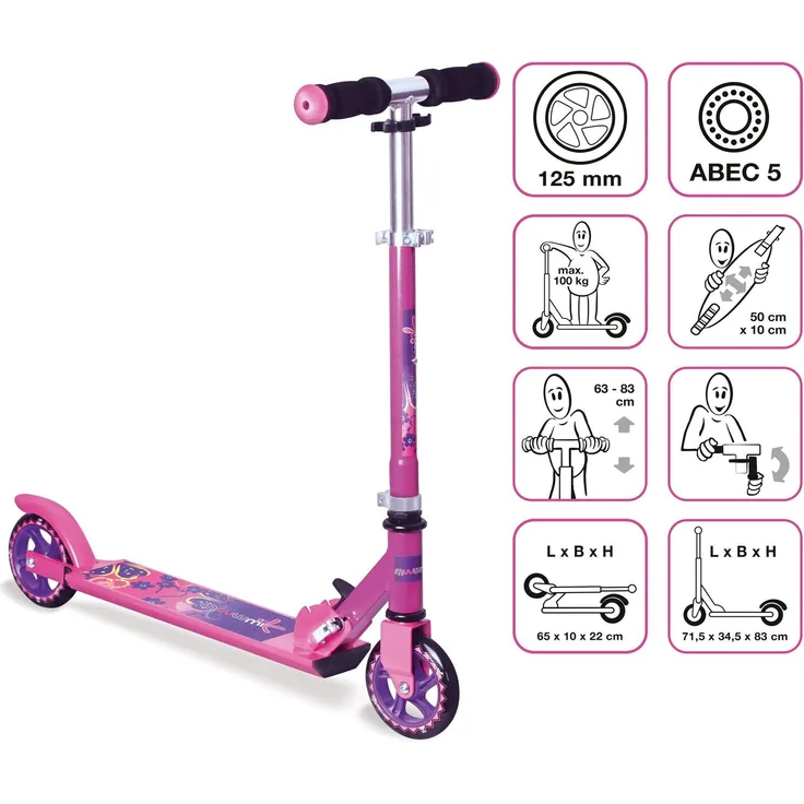 Muuwmi Aluminium Scooter 125 mm pink, High Rebound 82A, 2-fach höhenverstellbar, GS-geprüft