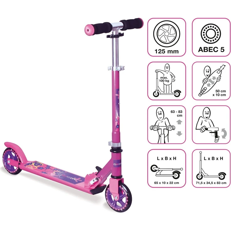 Muuwmi Aluminium Scooter 125 mm pink, High Rebound 82A, 2-fach höhenverstellbar, GS-geprüft