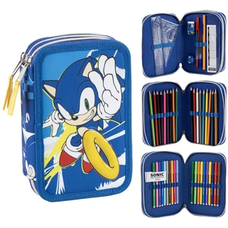 Sonic Federmäppchen Sonic the Hedgehog Power Run, gefüllt mit 3 Etagen, leuchtend blau, 13 x 20 x 7 cm, leicht und robust – Bild 1