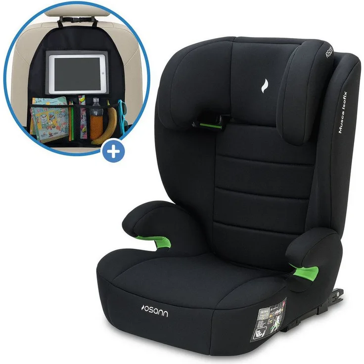 Osann Musca Isofix i-Size, Autokindersitz für Kinder von 3 bis 12 Jahren, schwarz, inkl. Rückenlehnen-Organizer mit Tablet-Fach