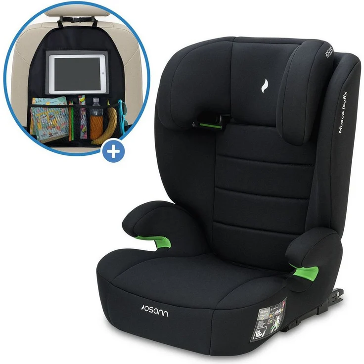 Osann Musca Isofix i-Size, Autokindersitz für Kinder von 3 bis 12 Jahren, schwarz, inkl. Rückenlehnen-Organizer mit Tablet-Fach