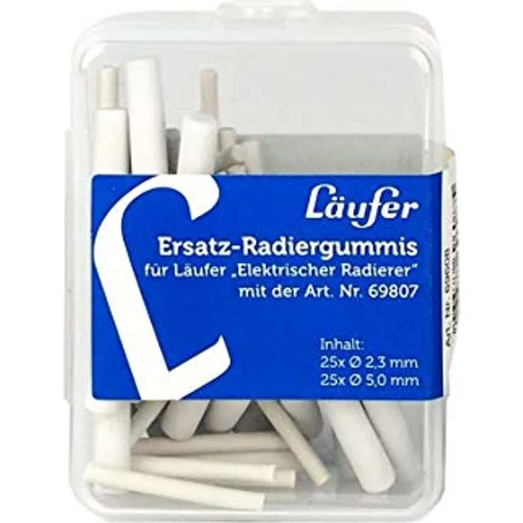 Läufer 69608 Ersatzradierer in 2 Größen für Elektrischer Radiergummi, 25 Stück Ø 2,3 mm und 25 Stück Ø 5 mm, wiederverschließbare Box, für batteriebetriebenen Läufer Radierstift