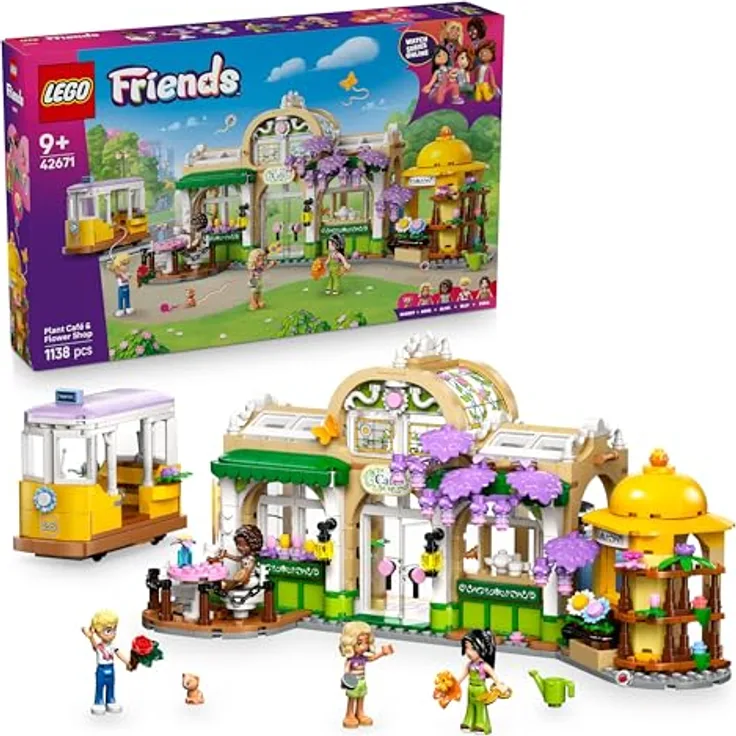 LEGO Friends 42671 Pflanzencafé und Blumenkiosk, Spielset mit 4 Mini-Puppen, Straßenbahn und 1138 Teilen, Mehrfarbig