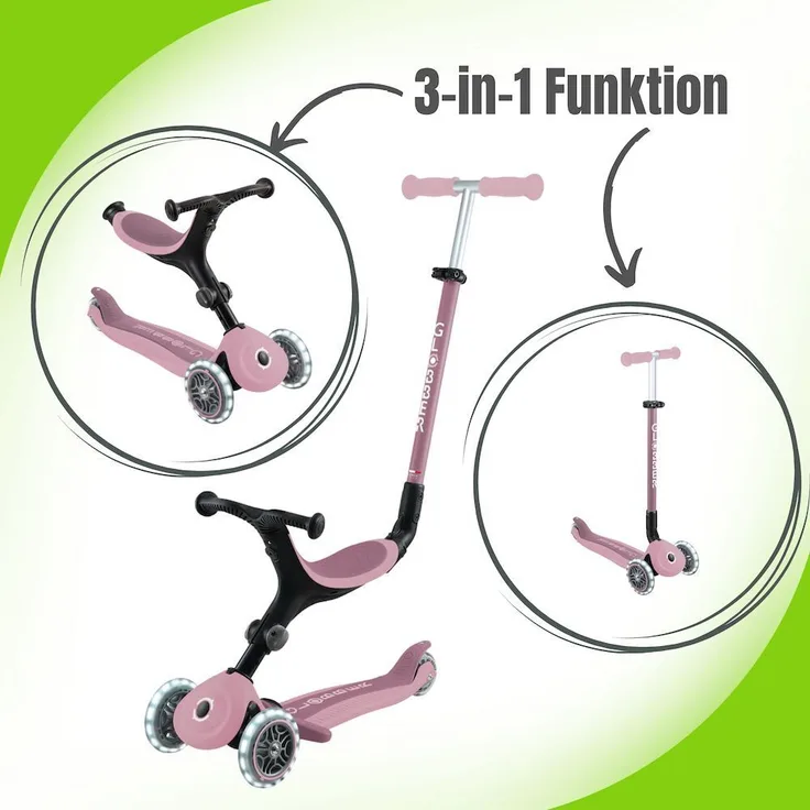 Globber Go Up Foldable Plus Step Eco Berry, 3-in-1 Kinderfahrzeug mit LED-Leuchtrollen