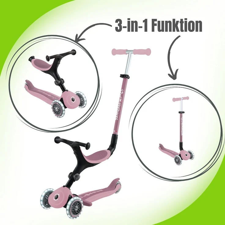 Globber Go Up Foldable Plus Step Eco Berry, 3-in-1 Kinderfahrzeug mit LED-Leuchtrollen