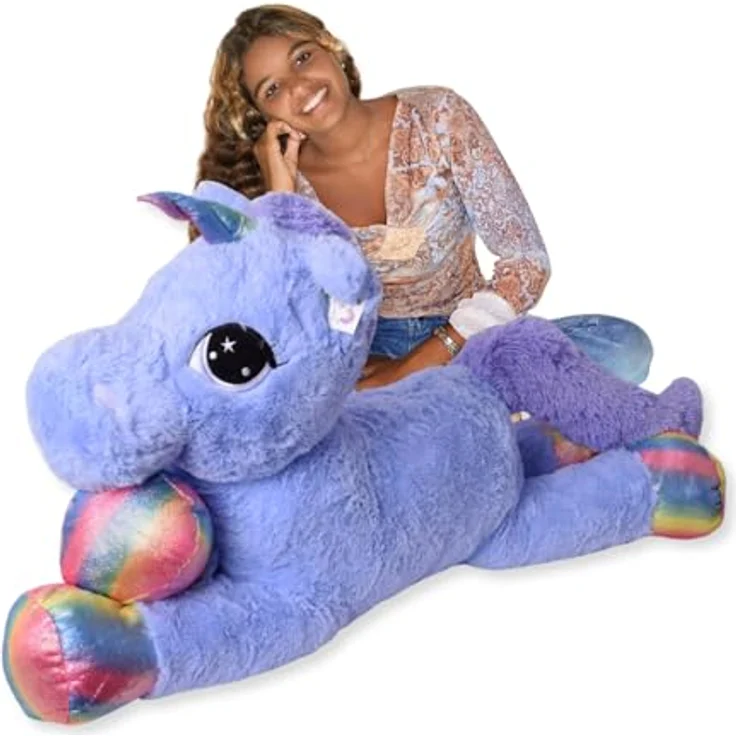 TE-Trend Flauschiges Stoffeinhorn, 110 cm großes Plüsch-Einhorn mit lila Glitzer-Flügeln und rosa Mähne, ideal für Kinder und magische Abenteuer – Bild 2