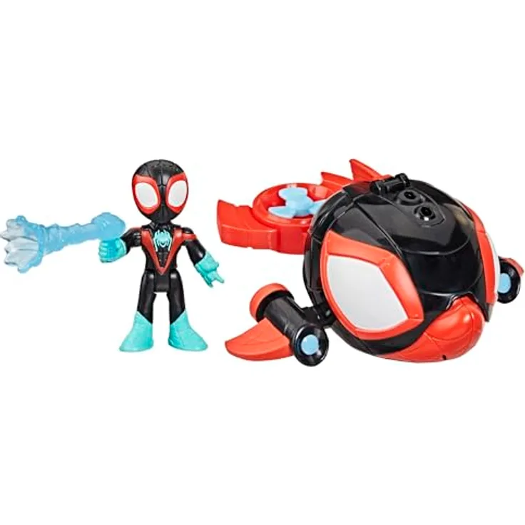 Spidey and his Amazing Friends Marvel Spidey Water-Webs Spielzeug mit 7,6 cm Miles „Spin“ Morales Figur & Delfin-U-Boot – Farbwechsel-Augen, abnehmbares Netz-Accessoire – Disney Jr.
