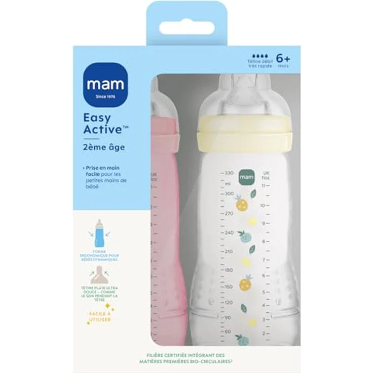 MAM Easy Active Babyflasche 6+ Monate, Beere + Perle, mit Silikonsauger, ultraschneller X-Geschwindigkeit, luftdichter Verschluss, 2er Pack (2 x 330 ml) – Bild 2