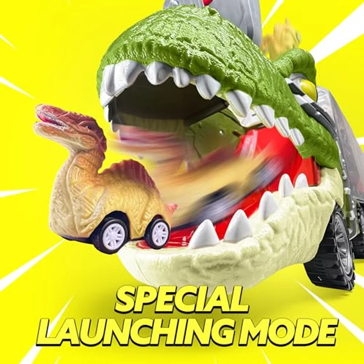 JOYIN Dinosaurier Spielzeug-Set, 13 Stück mit Autotransporter, 12 Zurückziehbaren Dino-Fahrzeugen, Musik, Sound und Lichtern, Hubschrauber für Kinder – Bild 3