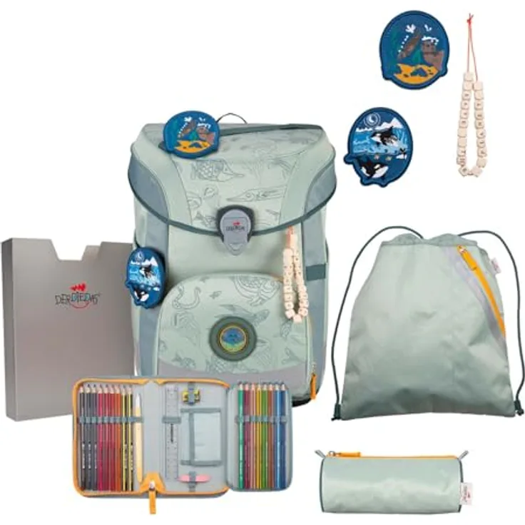 DerDieDas ErgoFlex Easy Exklusiv Neon Schulranzenset 5-teilig Grey Planet - Ergonomisch gepolsterter Schulranzen für Schulanfänger