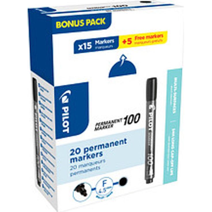 Pilot 100 Permanentmarker schwarz, 15 Stück + 5 GRATIS, 1,0 mm, wasserfest und schnell trocknend
