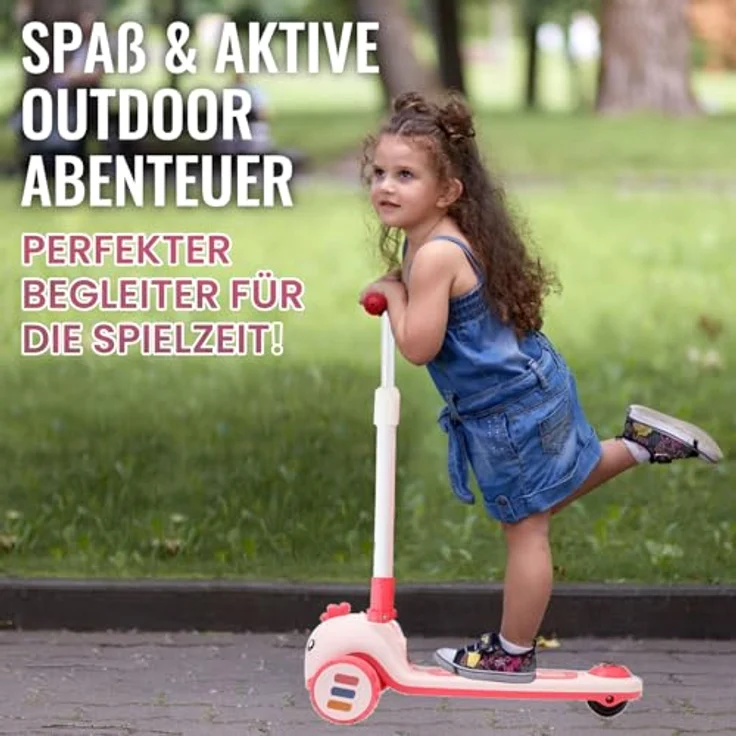Habib Gruppe Kinderroller Tretroller 3-Rad LED Roller, Höhenverstellbar & Faltbar, Tierdesign, pink für Mädchen & Jungen (3-8 Jahre) – Bild 5