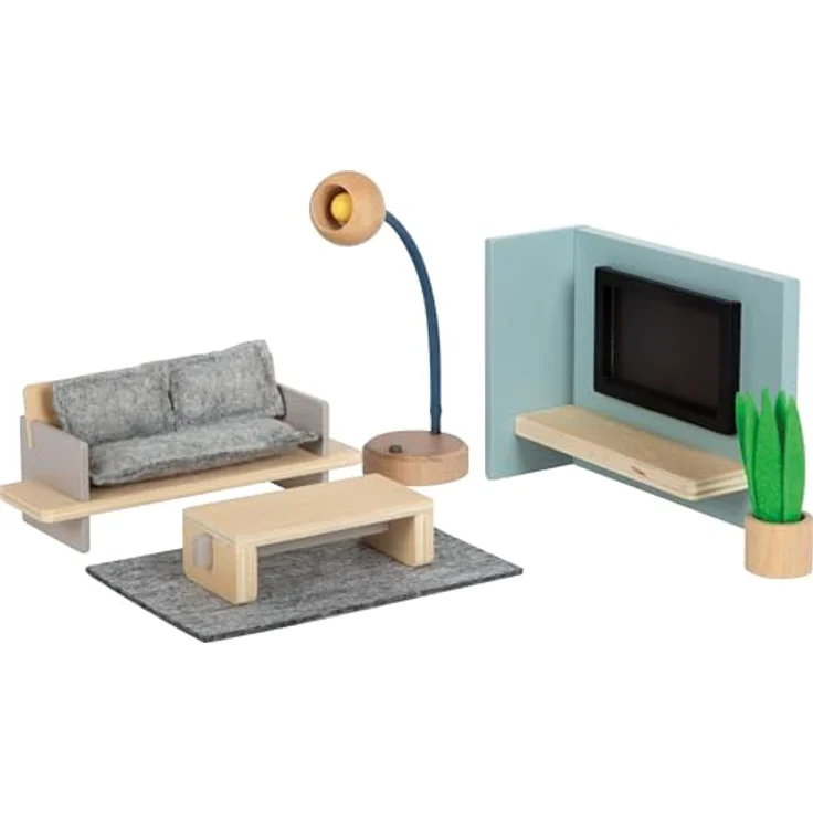 Small Foot Puppenhausmöbel Wohnzimmer-Set, 12-teilig, modernes Design mit Sofa, Stehlampe und Fernseher, Naturfarben – Bild 1