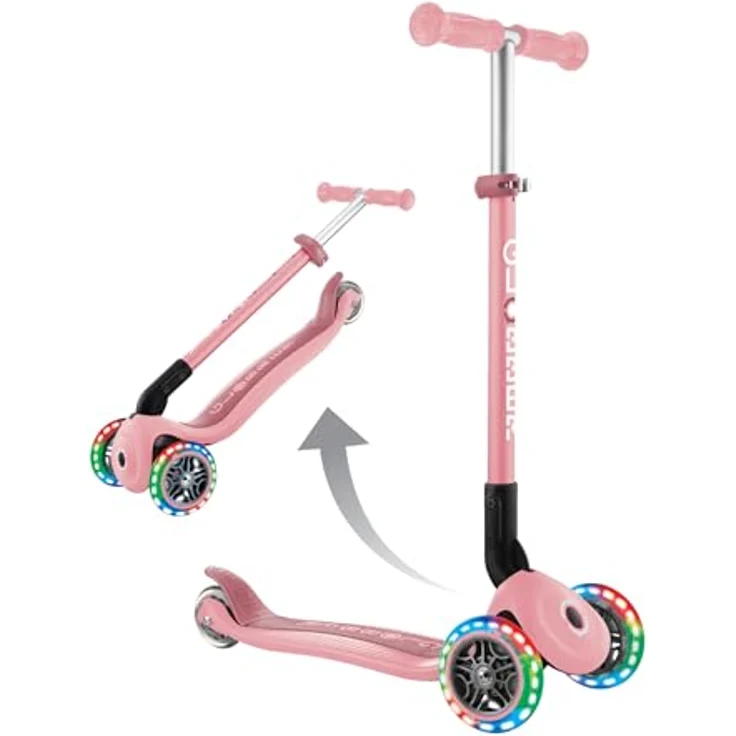 Globber PRIMO FOLDABLE LIGHTS, Dreiradscooter mit Leuchtrollen, klappbar, pastellrosa – Bild 1