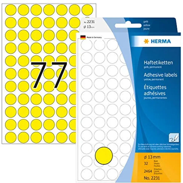 HERMA 2231 Punktaufkleber Klebepunkte gelb, 32 Blatt, Ø 13 mm, 77 pro Bogen, 2464 Aufkleber, selbstklebend, Markierungspunkte zum Beschriften, runde Farbpunkte aus Papier, blanko