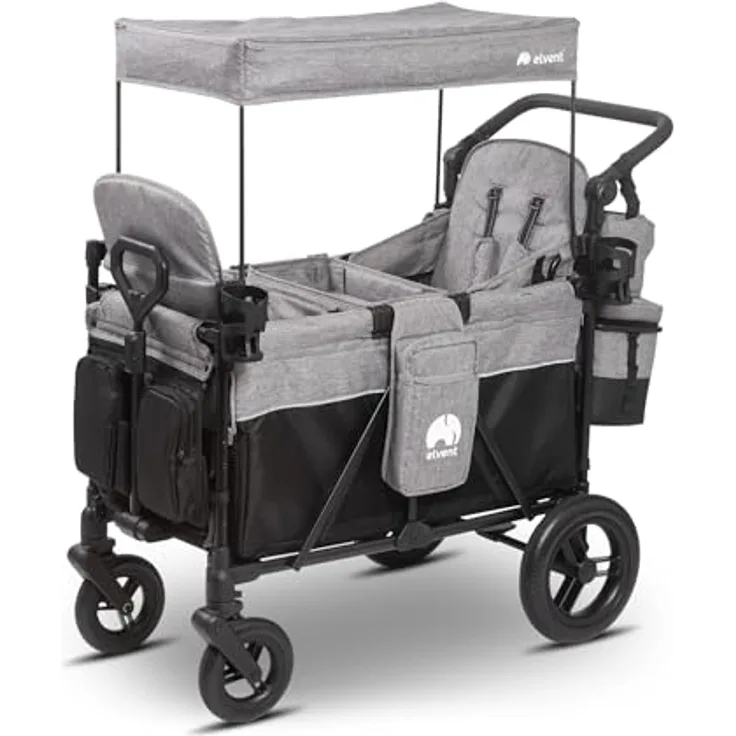 elvent ComfortPlus 2 Kinderwagen 2-Sitzer – faltbar, bis 80 kg, Sonnendach, Sitzpolster, 5-Punkte-Gurt, Fußbremse