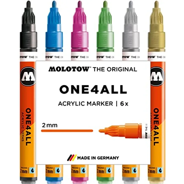Molotow One4All 127HS Acryl Marker Metallic-Set (2,0 mm Strichstärke, hochdeckend und permanent, UV-beständig, für fast alle Untergründe) 6 Stück sortiert