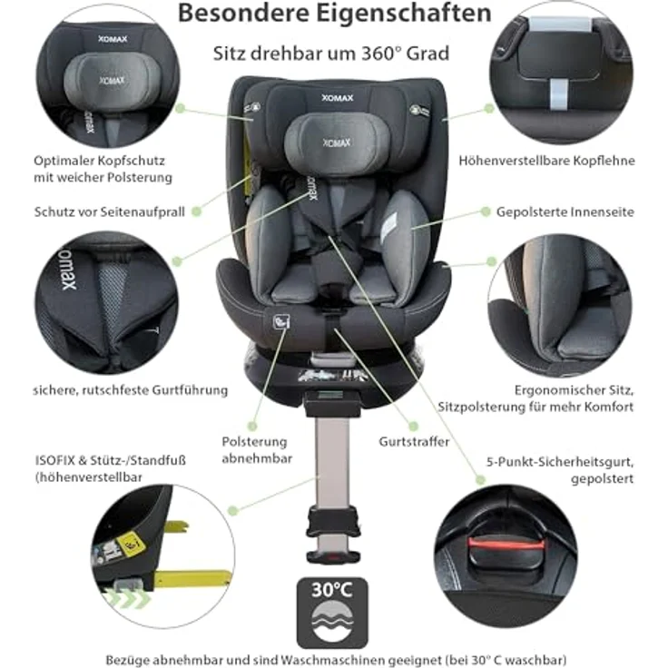 XOMAX G409, Autokindersitz grau mit ISOFIX, 360° Drehfunktion, geeignet von 0-36 kg (ab Geburt bis 12 Jahre), gepolstert mit Seitenaufprallschutz – Bild 9