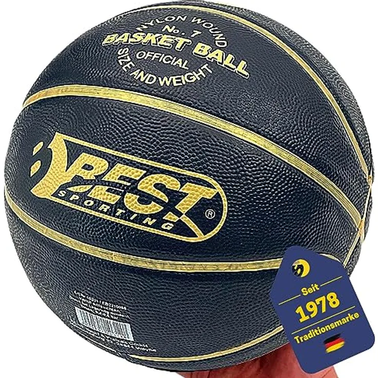 Best Sporting Basketball Größe 7 I Mit Doppelhubpumpe I Outdoor mit Grip I Schwarz/Goldem Design
