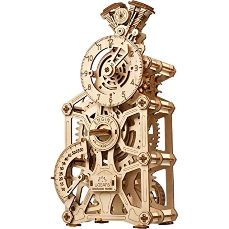 UGEARS Motoren-Uhr 3D Holzpuzzle für Erwachsene - Mechanische 3D Puzzle Uhr Holz - Funktionelle Uhr Modellbausatz mit Bewegliche Kolben - Selbst Bauen holzmodelle bausätze ideal für Modellbau Fan - Preisvergleich