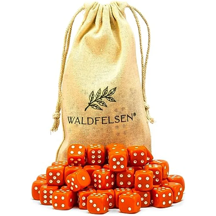 Waldfelsen Acryl Würfel Set, 50 Stück 16 mm in Orange, Hochqualitative 6-seitige Knobelwürfel mit Baumwollstoffbeutel – Bild 1