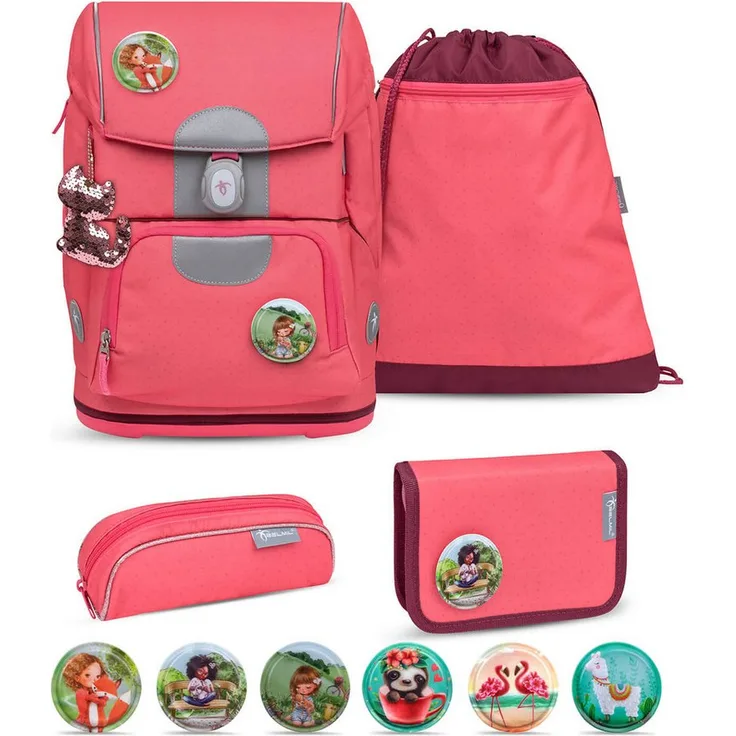 Belmil MOTION SET Schulranzen, ergonomisches Set aus recyceltem Material, 19 L, inkl. Federmäppchen und Turnbeutel, für Grundschule, verschiedene Patches