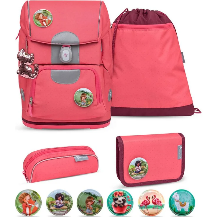 Belmil MOTION SET Schulranzen, ergonomisches Set aus recyceltem Material, 19 L, inkl. Federmäppchen und Turnbeutel, für Grundschule, verschiedene Patches