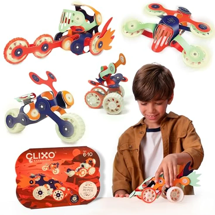 Clixo Mars Rover Pack, Magnetisches Bauspielzeug mit nachtleuchtenden Rädern, 30 Flexible Magnetteile für STEM-Erkundung & Abenteuer – Bild 1