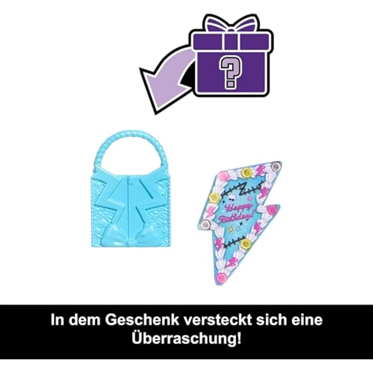 Monster High Scary Sweet Birthday-Puppe, Frankie Stein im schwarzen Partykleid mit themenbezogenem Zubehör und Styling-Accessoires, JBG75 – Bild 3