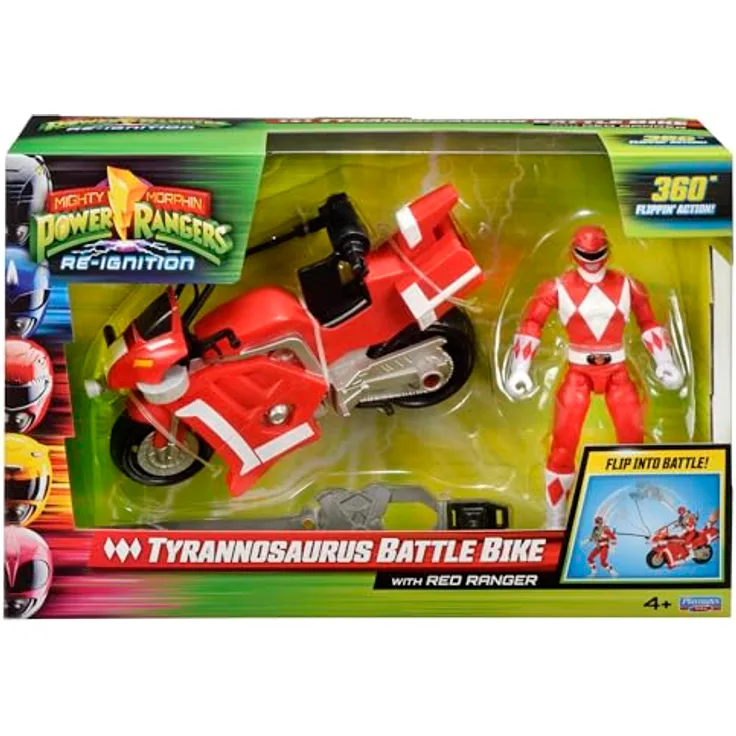 Merkloos Battle Bike mit Red Ranger Actionfigur, offiziell lizenziertes Playmates Spielzeugmotorrad für kreatives Rollenspiel, 18 cm