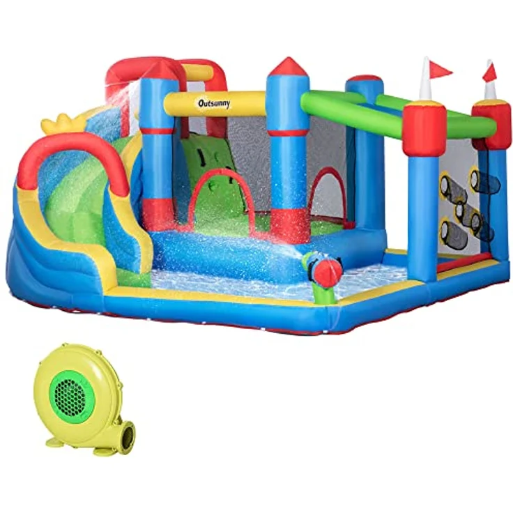 Outsunny Hüpfburg mit Gebläse, aufblasbarer Wasserpark mit Wasserrutsche, Planschbecken, Kletterwand und Wasserpistole für 3 Kinder von 3-8 Jahren, inkl. 450 W-Luftpumpe, bunt – Bild 1