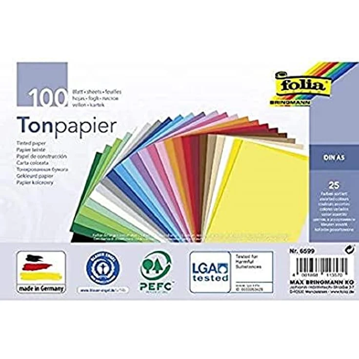 folia 6599 - Tonpapier Mix, DIN A5, 130 g/m², 100 Blatt sortiert in 25 Farben, zum Basteln und kreativen Gestalten von Karten, Fensterbildern und für Scrapbooking – Bild 1
