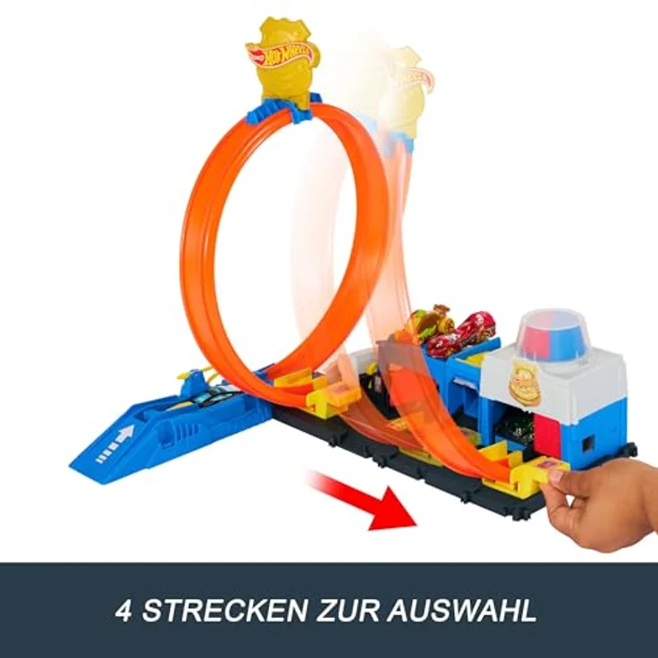 Hot Wheels City Super Polizeistation, anpassbare Rennbahn mit Looping und Die-Cast-Spielzeug-Polizeiwagen, bis zu 4 Fahrzeuge parkbar – Bild 4