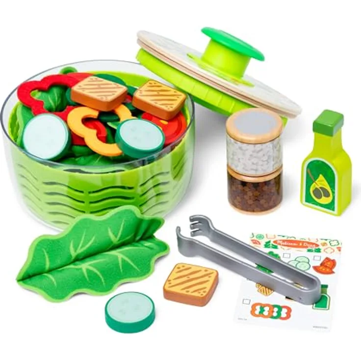 Melissa & Doug Salatschleuder-Spielset, 28-teilig, mit Filz-Paprika, Holz-Gemüsescheiben und Gewürzmühle, Rollenspielset für Kinder ab 3 Jahren
