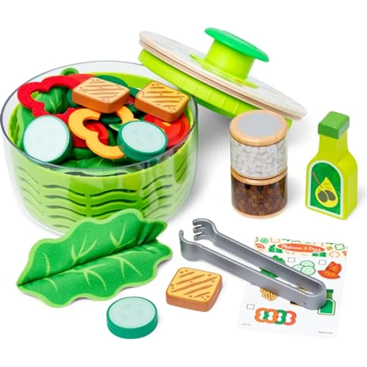 Melissa & Doug Salatschleuder-Spielset, 28-teilig, mit Filz-Paprika, Holz-Gemüsescheiben und Gewürzmühle, Rollenspielset für Kinder ab 3 Jahren – Bild 1