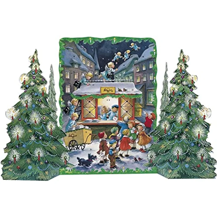 Korsch Adventskalender "Engelchens Postamt", dreidimensionaler Falt-Adventskalender mit nostalgischem Silberglimmer und ausklappbaren Weihnachtsbäumchen – Bild 2