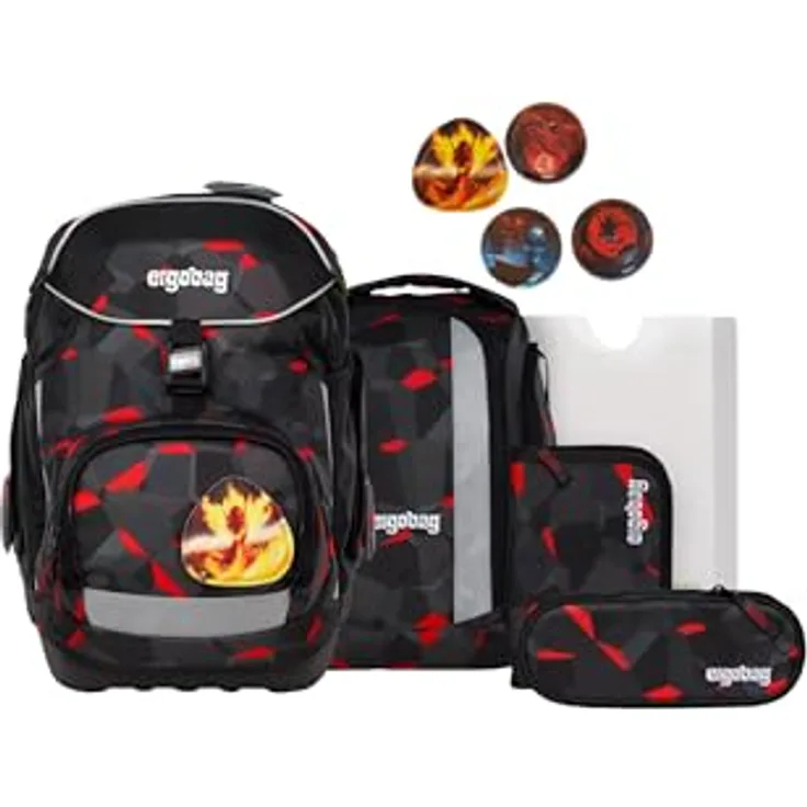 ergobag pack Set, ergonomischer Schulrucksack für die 1. Klasse, 6-teiliges Set mit individualisierbaren Kletties, wasserdichte Bodenwanne und reflektierende Details, 28 x 40 x 25 cm
