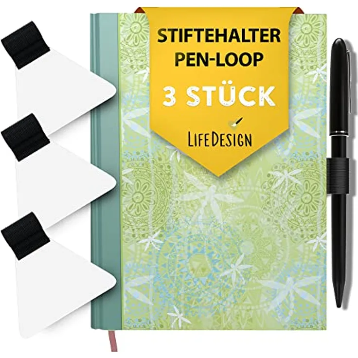 LifeDesign Stifthalter, Stiftschlaufe, selbstklebend für Notizbuch, Kalender, Klemmbrett, schwarz, transparentes Pad, 3 Stück