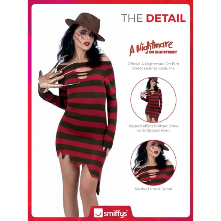 Smiffys A Nightmare On Elm Street Freddy Krueger Strickkleid, Halloween Kostüm mit zerrissenem Effekt und geschlitztem Brustdetail – Bild 5