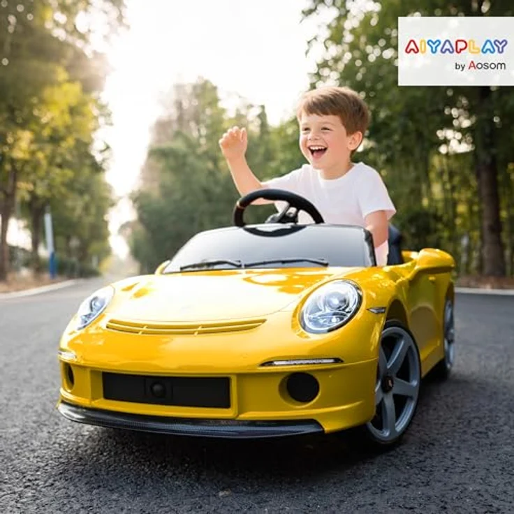 AIYAPLAY RUF GT Kinder Elektroauto 12V mit 2,4 GHz Fernbedienung, Softstart, Federungssystem, MP3-Player, USB, LED-Leuchten, für 3-5 Jahre, Gelb – Bild 2