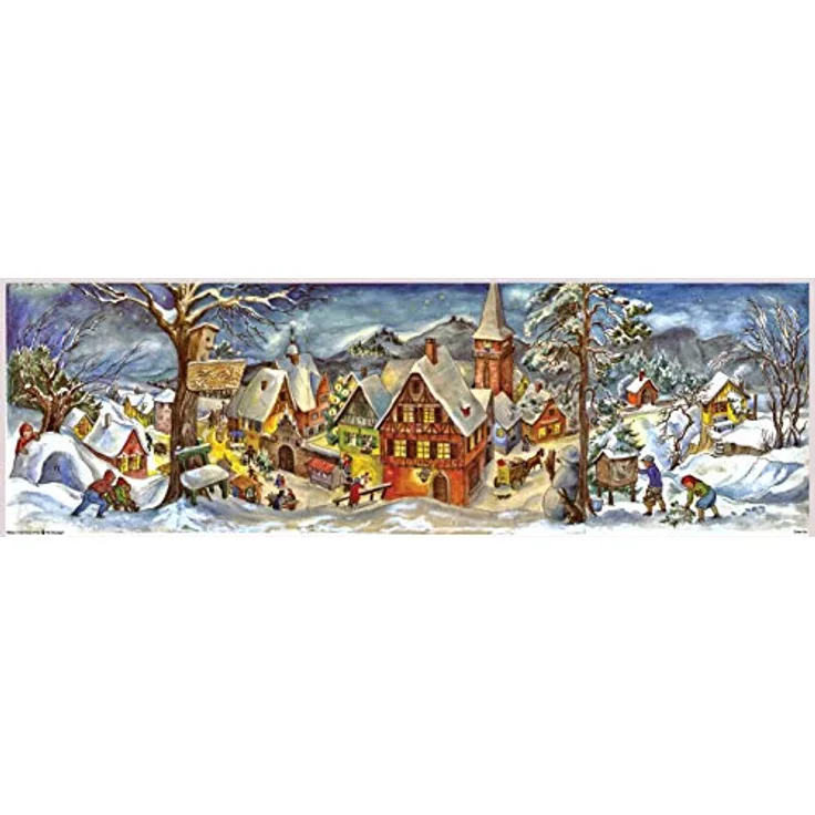 Richard Sellmer Verlag Nostalgischer Adventskalender "Kleines Dorf im Winter", 24 Bilder mit Glimmer, ca. 21 x 69 cm, Made in Germany