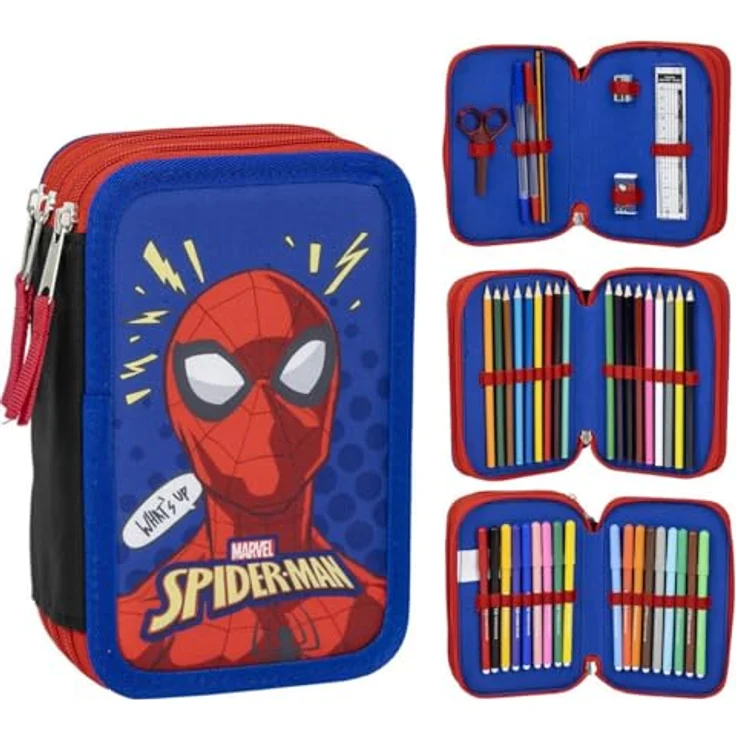 CERDÁ Life's Little Moments Spiderman Federmäppchen mit 3 Fächern, Blau, 12,5 x 6,5 x 19,5 cm, aus 100 % Polyester, mit Reißverschluss und Zubehör – Bild 1
