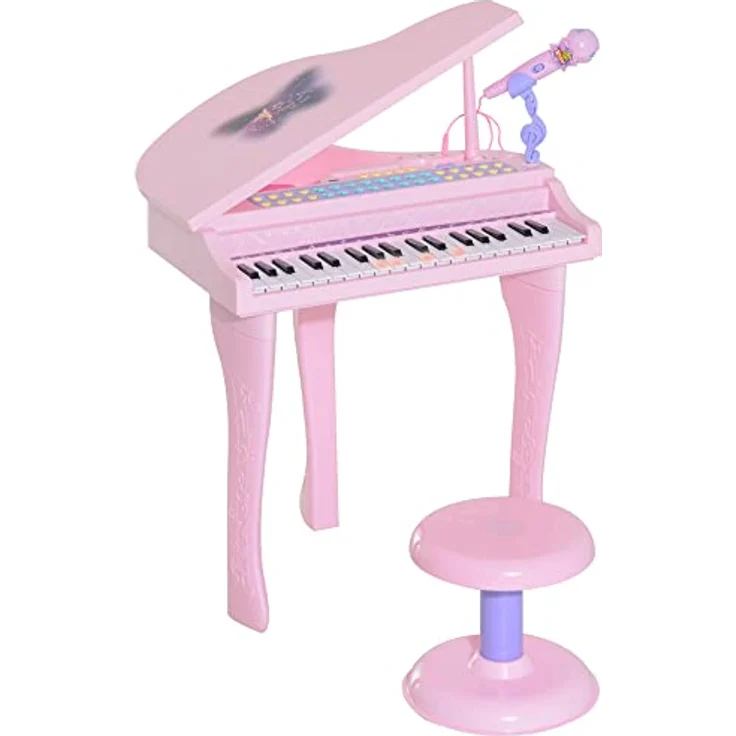 HOMCOM Kinder Klavier Mini-Klavier Piano Keyboard Musikinstrument MP3 USB inkl. Hocker 37 Tasten Rosa – Bild 1